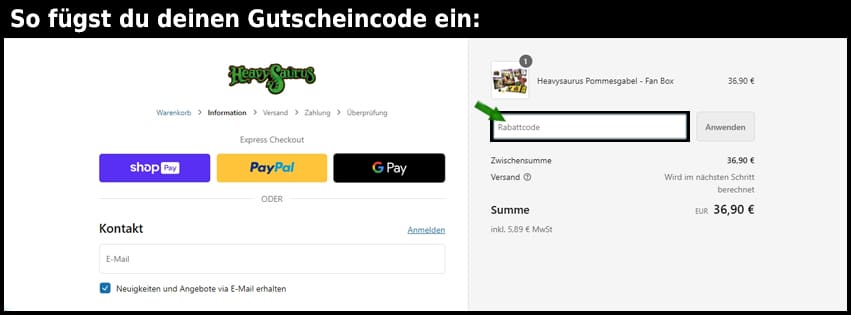 heavysaurus Gutschein einfuegen und sparen schwarz