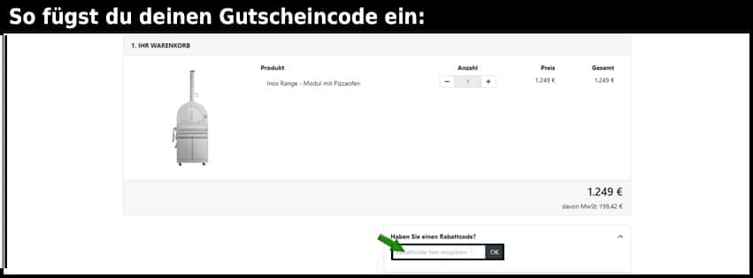 meineoutdoorkueche.de Gutschein einfuegen und sparen schwarz
