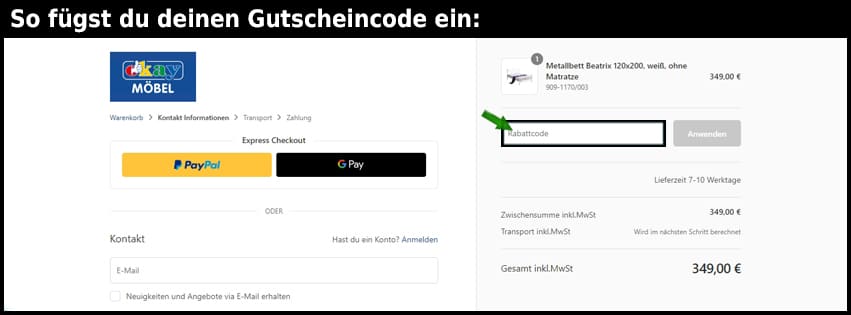 okaymoebel Gutschein einfuegen und sparen schwarz