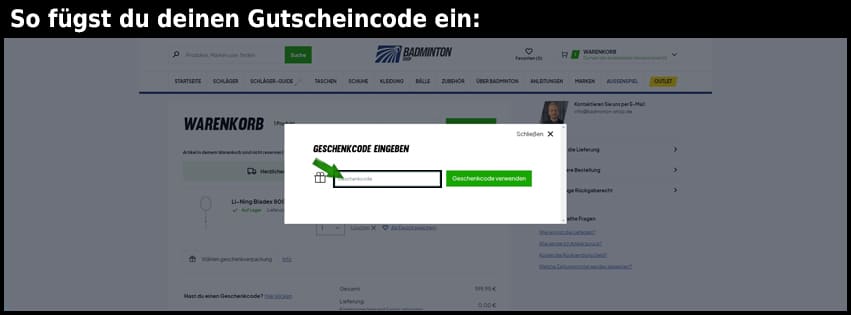 badminton-shop Gutschein einfuegen und sparen schwarz
