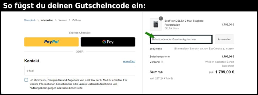 ecoflow Gutschein einfuegen und sparen schwarz