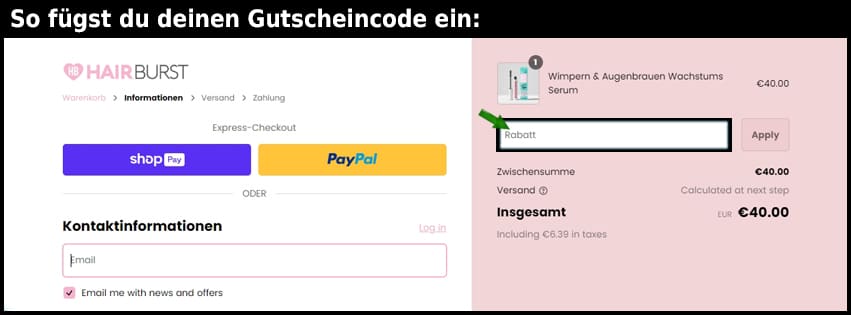 hairburst Gutschein einfuegen und sparen schwarz