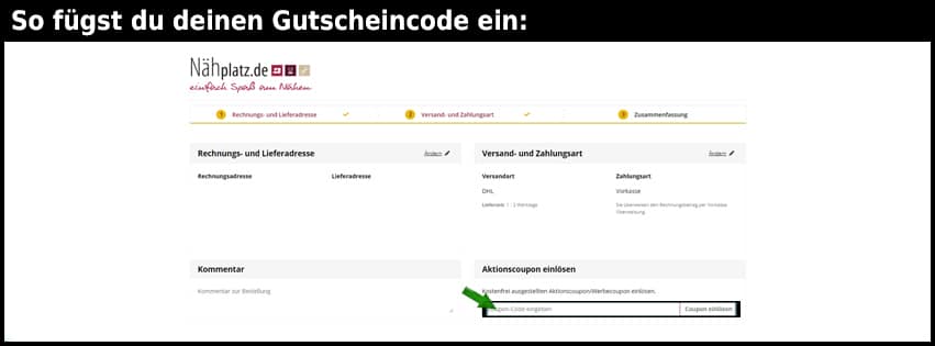 naehplatz Gutschein einfuegen und sparen schwarz