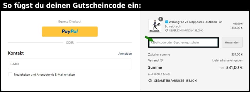 walkingpad Gutschein einfuegen und sparen schwarz