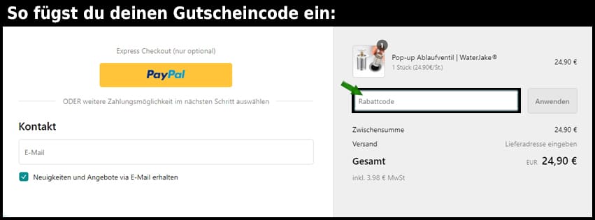 waterjake Gutschein einfuegen und sparen schwarz