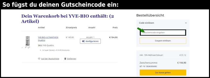 yve-bio Gutschein einfuegen und sparen schwarz