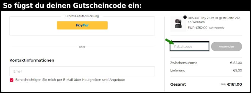 obsbot Gutschein einfuegen und sparen schwarz