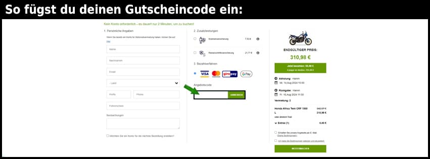 rentalmotorbike.com Gutschein einfuegen und sparen schwarz