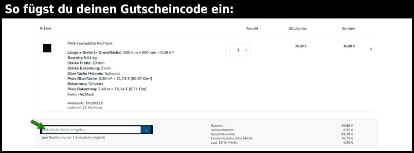 tischplatte-online.de Gutschein einfuegen und sparen schwarz