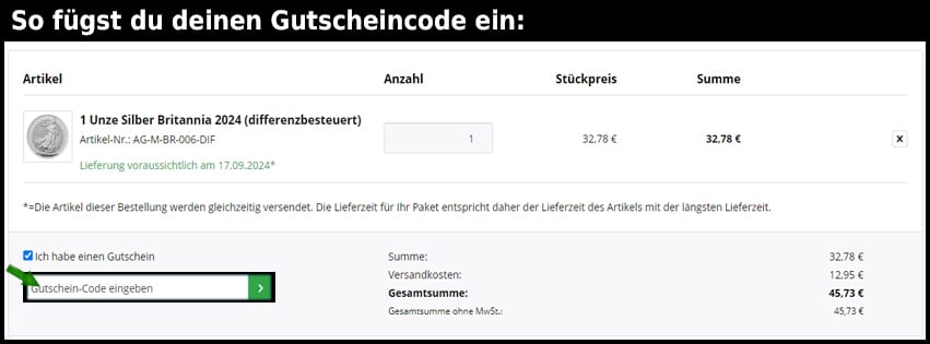 goldsilbershop.de Gutschein einfuegen und sparen schwarz