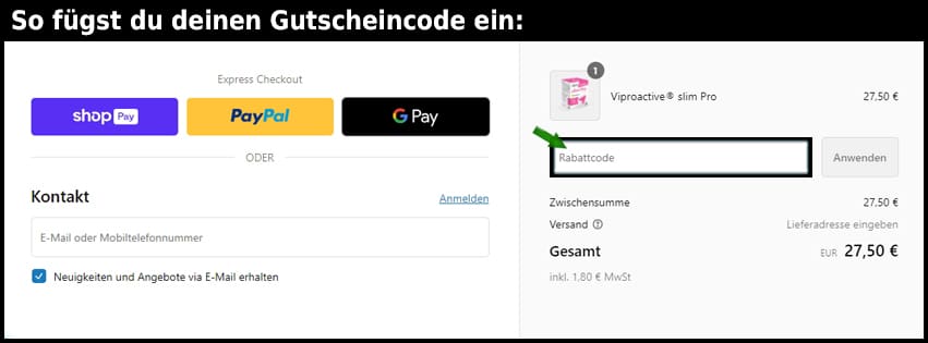 viproactive Gutschein einfuegen und sparen schwarz