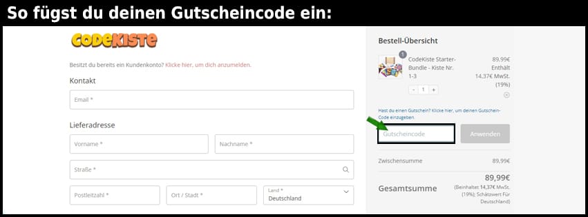 codekiste Gutschein einfuegen und sparen schwarz