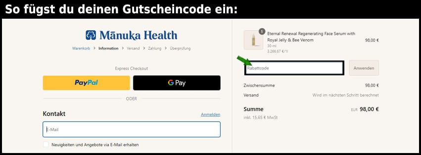 manukahealth Gutschein einfuegen und sparen schwarz