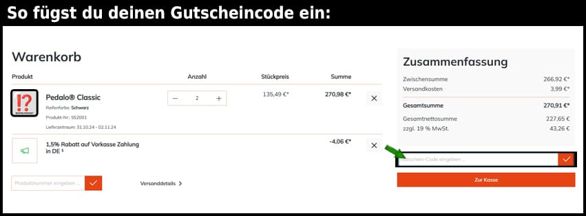pedalo Gutschein einfuegen und sparen schwarz