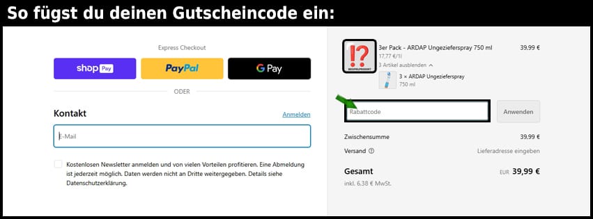 ardap Gutschein einfuegen und sparen schwarz