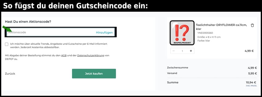 depot Gutschein einfuegen und sparen schwarz