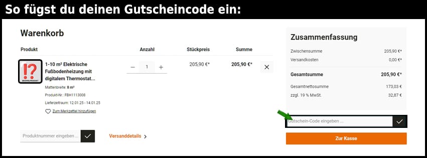 fussbodenheizungdirekt Gutschein einfuegen und sparen schwarz