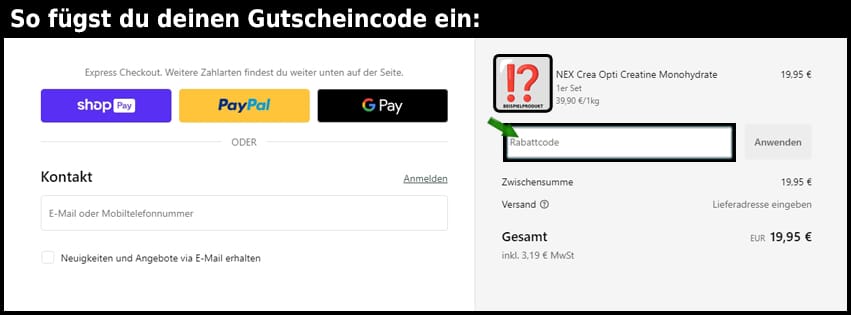 nex-sportsnutrition Gutschein einfuegen und sparen schwarz